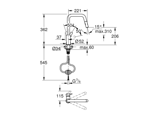 Vente Unique Robinet De Cuisine Avec Douchette GROHE Start Bec Haut Chromé 2 Jets