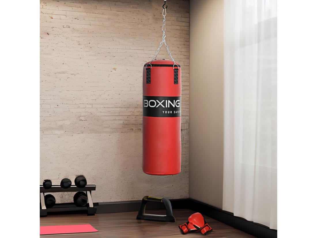 Vente Unique Sac De Frappe à Suspendre - Kit De Fixation Chaine 4 Points Gants Inclus - Acier PVC EPE Rouge Noir