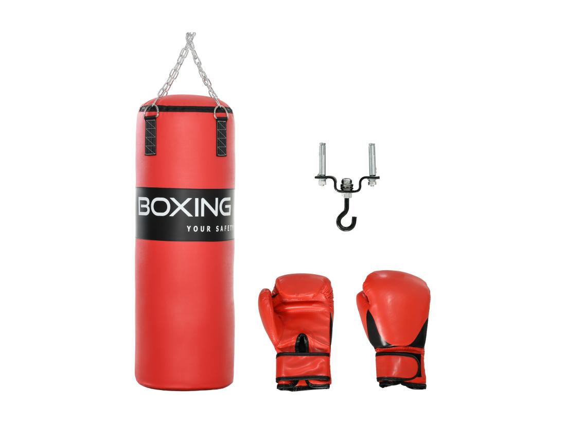 vente unique Sac de frappe à suspendre - kit de fixation chaine 4 points gants inclus - acier PVC EPE rouge noir