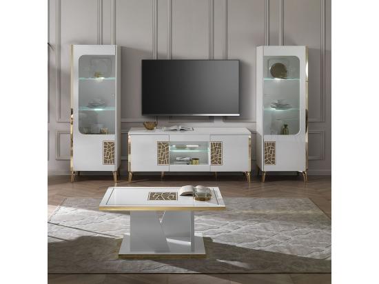 Vente Unique SAFARY - Vitrine 1 Porte Droite Laquée Blanc Et Or Décor Sérigraphié