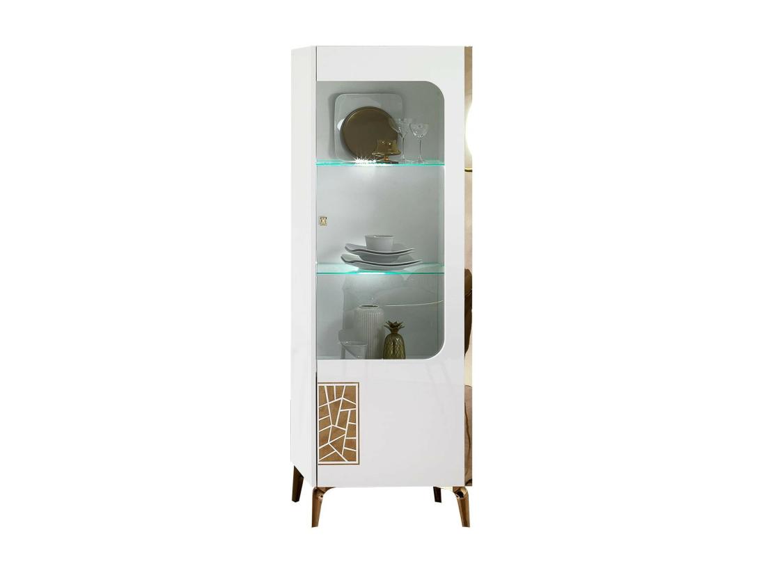 vente unique SAFARY - Vitrine 1 Porte Droite Laquée Blanc et Or Décor Sérigraphié