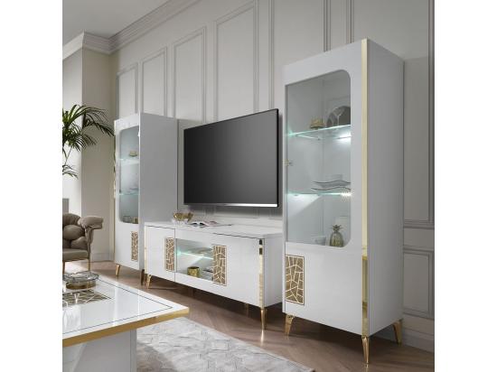 Vente Unique SAFARY - Vitrine 1 Porte Gauche Laquée Blanc Et Or Décor Sérigraphié