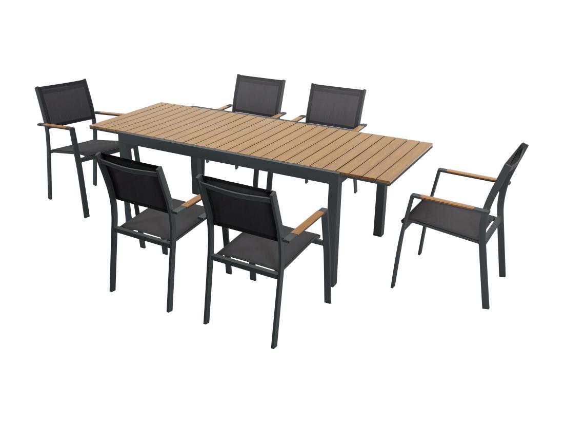 Vente Unique Salle à Manger De Jardin En Aluminium Et Polywood : Une Table Extensible L.170/230 Cm Et 6 Fauteuils Empilables - Naturel Clair Et Anthracite - MACILA De MYLIA