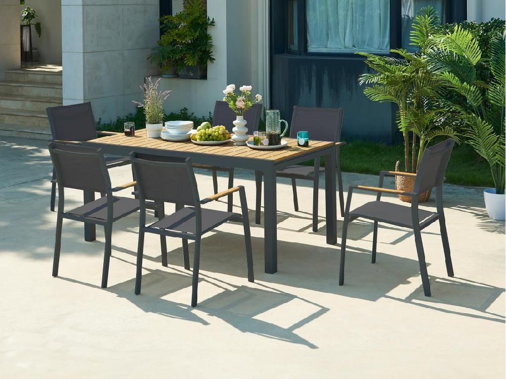 vente unique Salle à manger de jardin en aluminium et polywood : une table extensible L.170/230 cm et 6 fauteuils empilables - Naturel clair et anthracite - MACILA de MYLIA