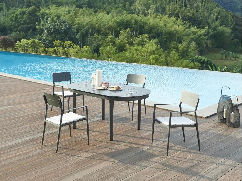 vente unique Salle à manger de jardin en aluminium : table extensible L.170/240 cm et 4 fauteuils empilables - Anthracite - LOTTYS de MYLIA