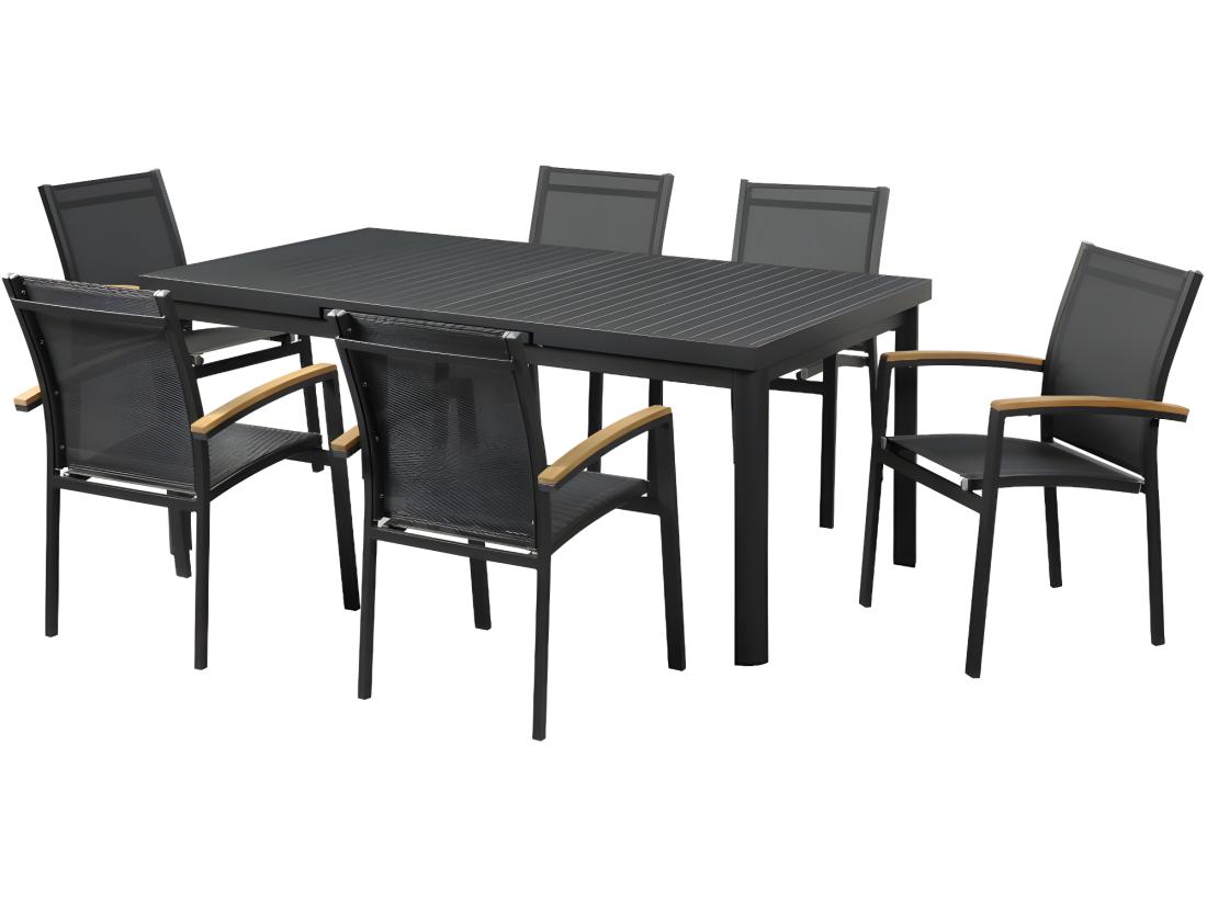 Vente Unique Salle à Manger De Jardin En Aluminium : Une Table Extensible L.180/240cm Et 6 Fauteuils Empilables Avec Accoudoirs Acacia - Anthracite - NAURU De MYLIA