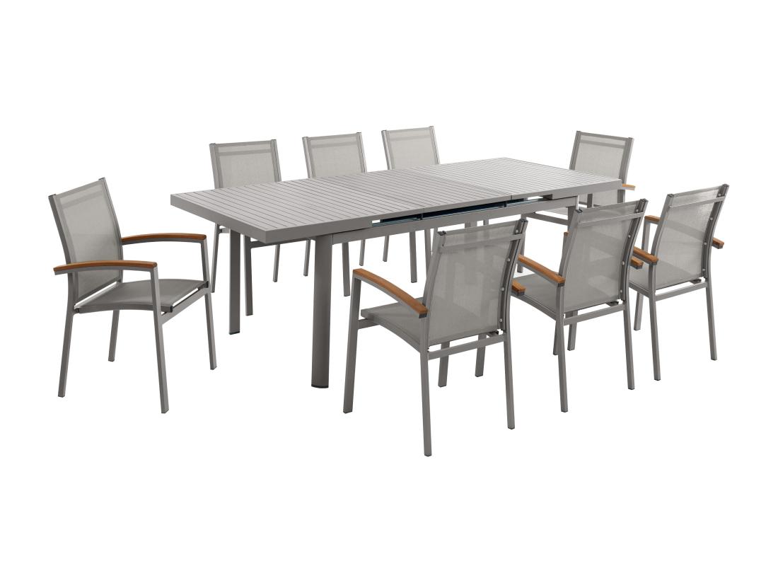 Vente Unique Salle à Manger De Jardin En Aluminium : Une Table Extensible L.180/240cm Et 8 Fauteuils Empilables Avec Accoudoirs Acacia - Taupe - NAURU De MYLIA