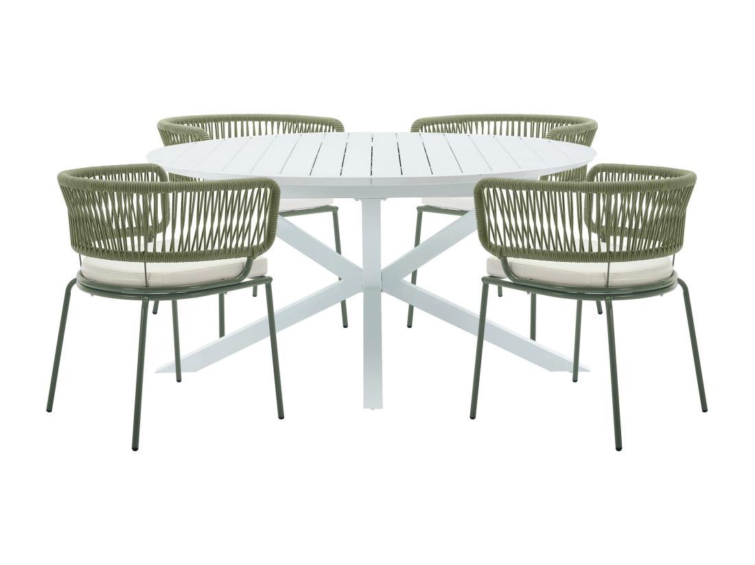 Vente Unique Salle à Manger De Jardin En Aluminium : Une Table Extensible L.150/200 Cm Et 4 Fauteuils En Métal Et Corde - Kaki Et Blanc - PISTO De MYLIA