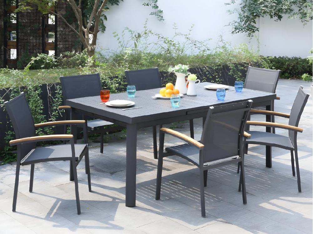 vente unique Salle à manger de jardin en aluminium : une table extensible L.180/240cm et 6 fauteuils empilables avec accoudoirs acacia - Anthracite - NAURU de MYLIA