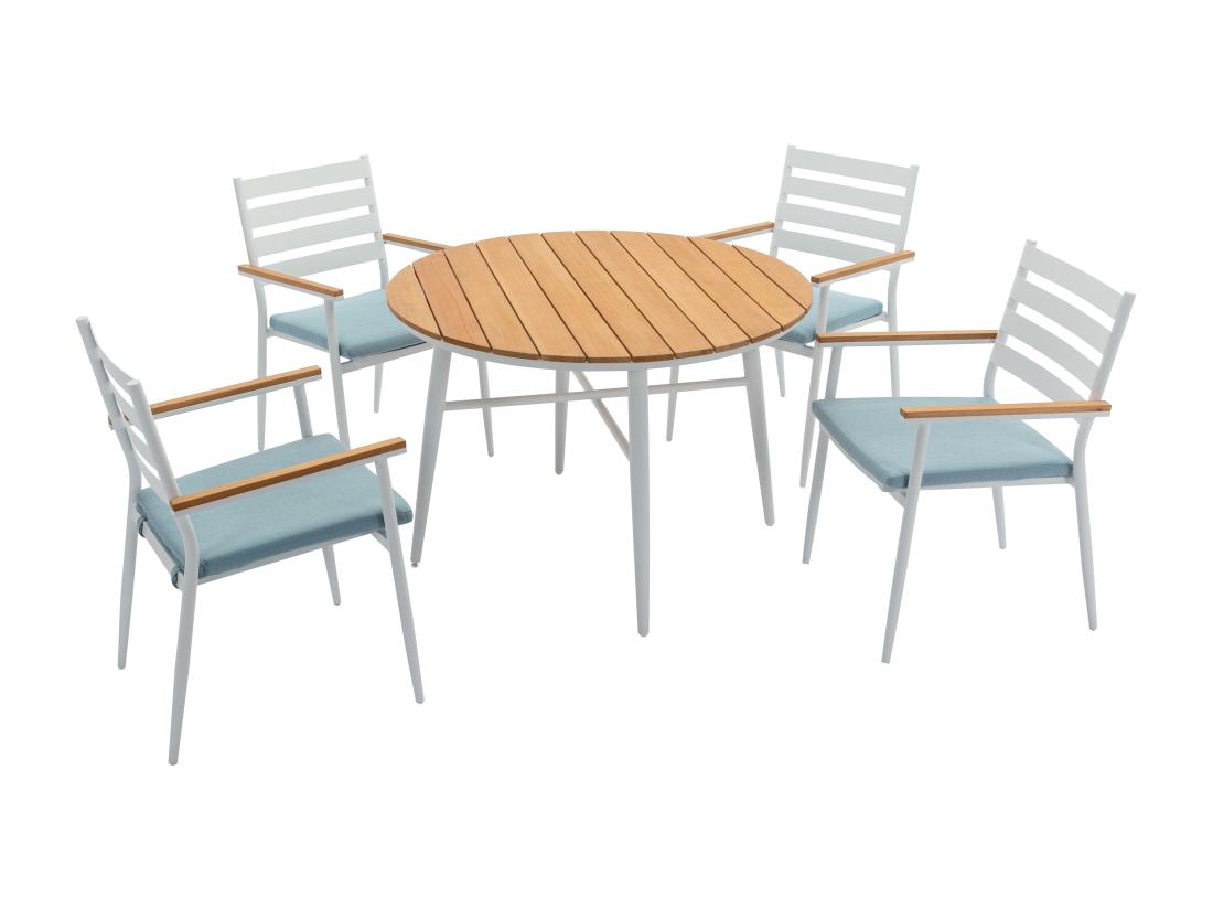 Vente Unique Salle à Manger De Jardin En Bois Et Aluminium : Une Table D.110 Cm Et 4 Fauteuils - Blanc Et Naturel Clair - MIAMI De MYLIA