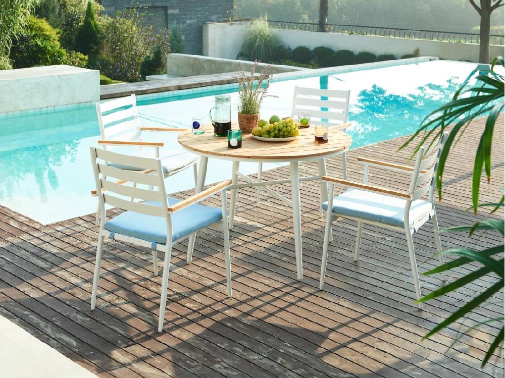 vente unique Salle à manger de jardin en bois et aluminium : une table D.110 cm et 4 fauteuils - Blanc et naturel clair - MIAMI de MYLIA
