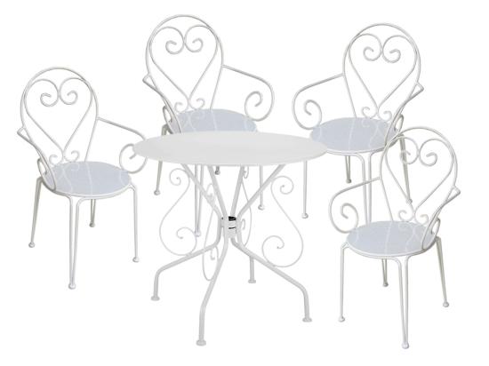 Vente Unique Salle à Manger De Jardin En Métal Façon Fer Forgé : Une Table Et 4 Fauteuils Empilables Blancs - GUERMANTES De MYLIA