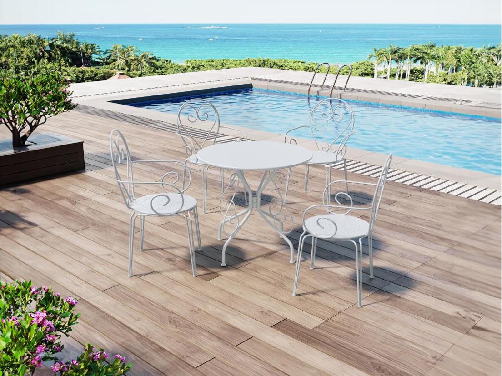 vente unique Salle à manger de jardin en métal façon fer forgé : une table et 4 fauteuils empilables blancs - GUERMANTES de MYLIA
