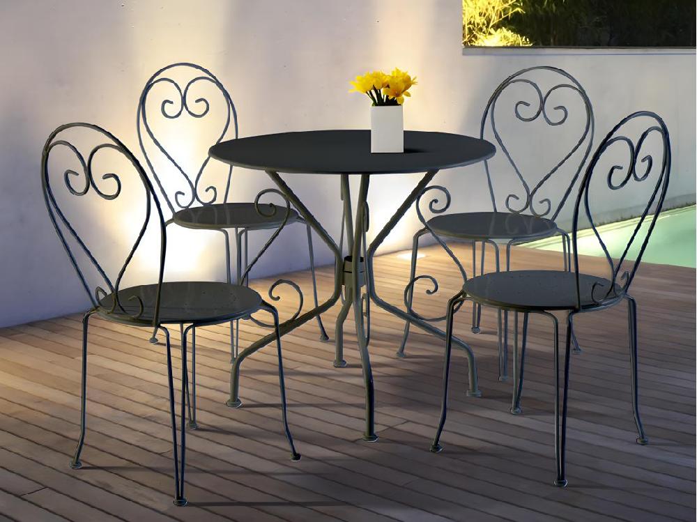 vente unique Salle à manger de jardin en métal façon fer forgé : une table et 4 chaises empilables - Anthracite - GUERMANTES de MYLIA