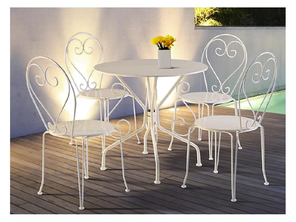 vente unique Salle à manger de jardin en métal façon fer forgé : une table et 4 chaises empilables - Blanc - GUERMANTES de MYLIA