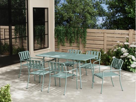 vente unique Salle à manger de jardin en métal : la table L.160 cm et 6 fauteuils - Vert amande - BIRMOS de MYLIA