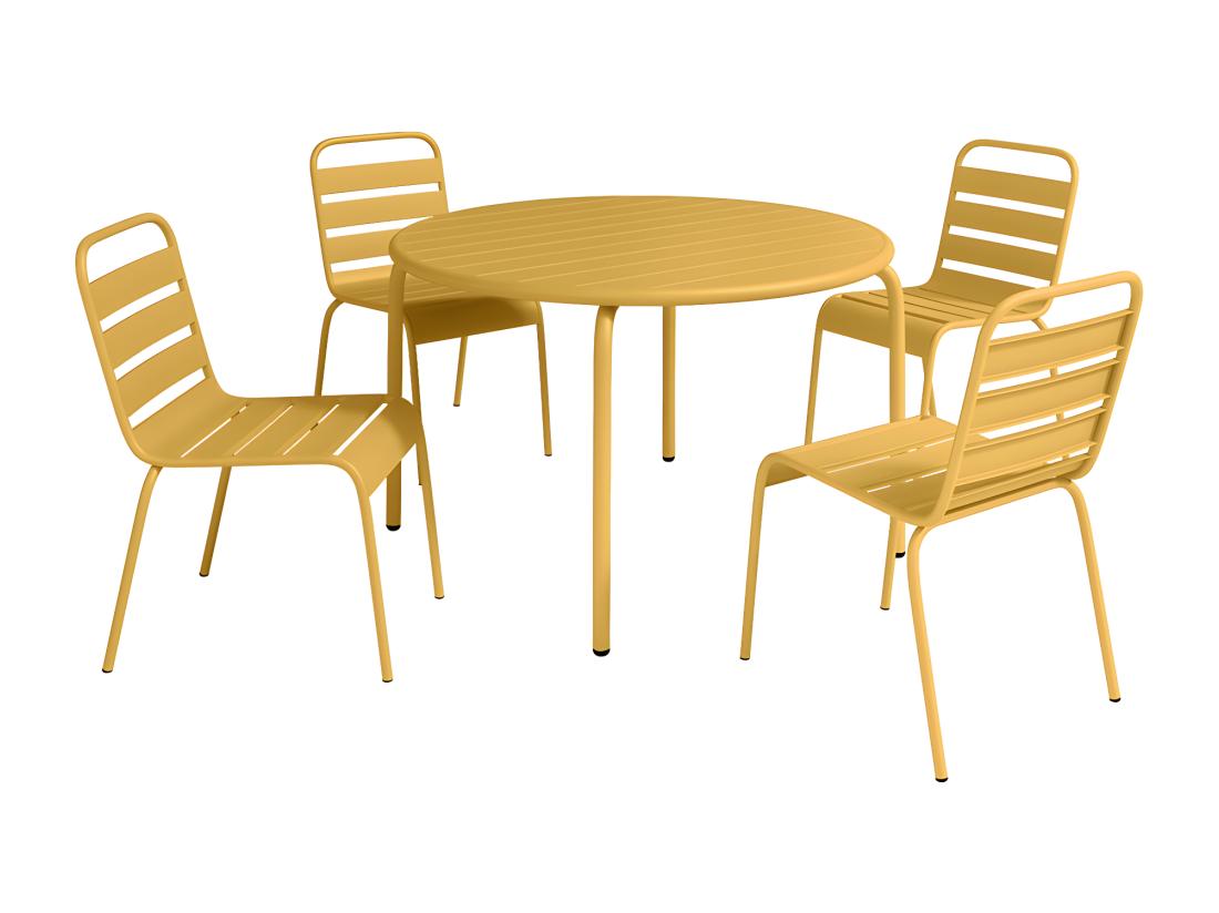 Vente Unique Salle à Manger De Jardin En Métal - Une Table D.110 Cm Et 4 Chaises Empilables - Jaune Moutarde - MIRMANDE De MYLIA