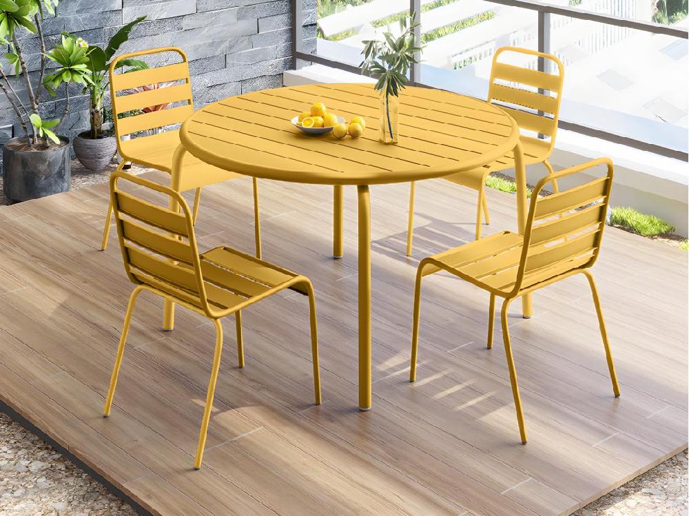 vente unique Salle à manger de jardin en métal - une table D.110 cm et 4 chaises empilables - Jaune moutarde - MIRMANDE de MYLIA