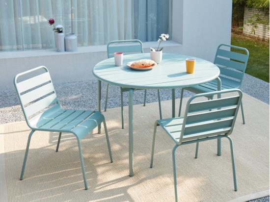 vente unique Salle à manger de jardin en métal - une table D.110 cm et 4 chaises empilables - Vert amande - MIRMANDE de MYLIA