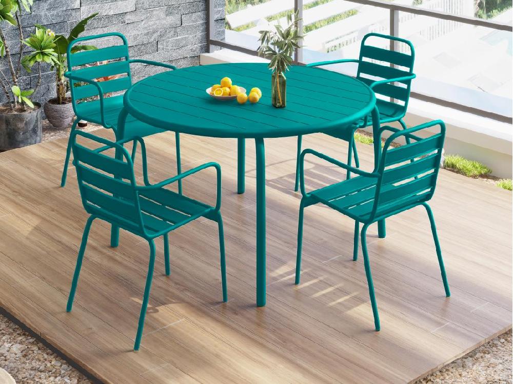 vente unique Salle à manger de jardin en métal - une table D.110 cm et 4 fauteuils empilables - Bleu canard - MIRMANDE de MYLIA