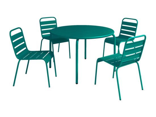 Vente Unique Salle à Manger De Jardin En Métal - Une Table D.110 Cm Et 4 Chaises Empilables - Bleu Canard - MIRMANDE De MYLIA