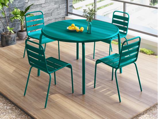 vente unique Salle à manger de jardin en métal - une table D.110 cm et 4 chaises empilables - Bleu canard - MIRMANDE de MYLIA