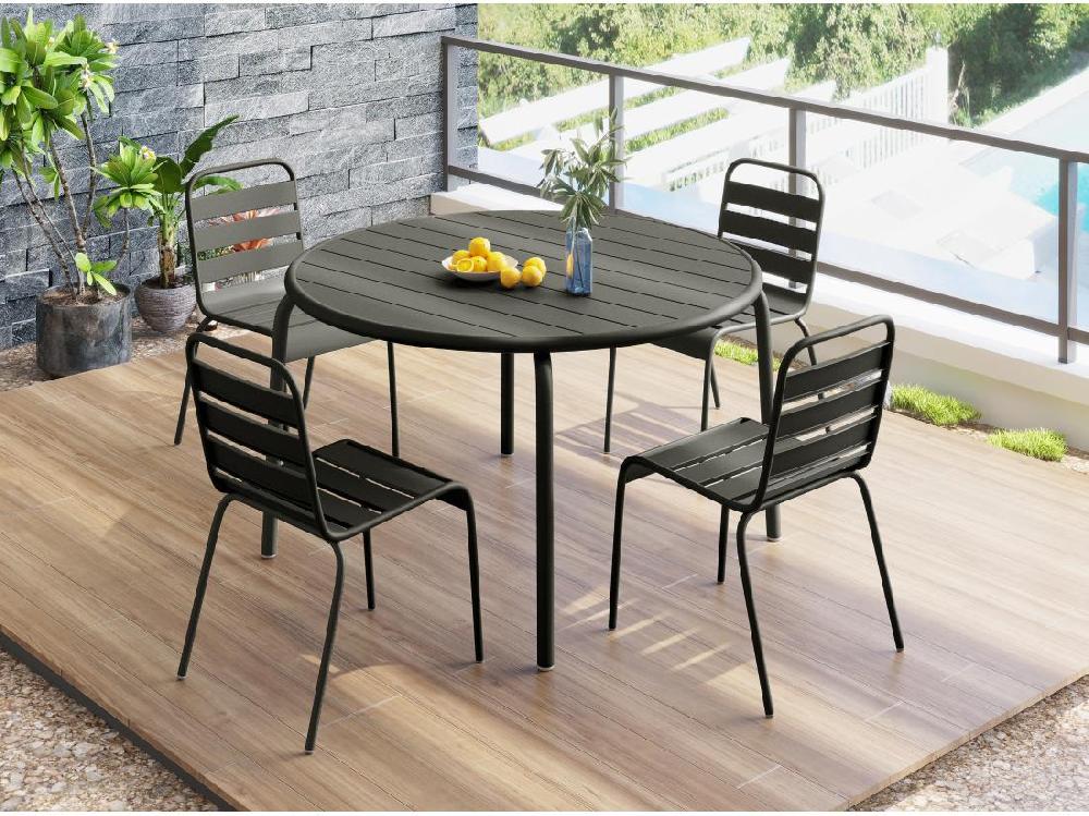 vente unique Salle à manger de jardin en métal - une table D.110 cm et 4 chaises empilables - Gris anthracite - MIRMANDE de MYLIA