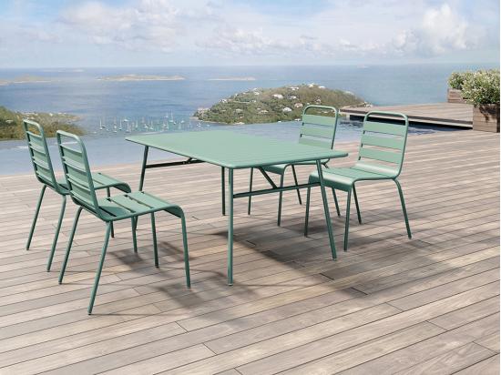 vente unique Salle à manger de jardin en métal - une table L.160 cm et 4 chaises empilables - Vert amande - MIRMANDE de MYLIA