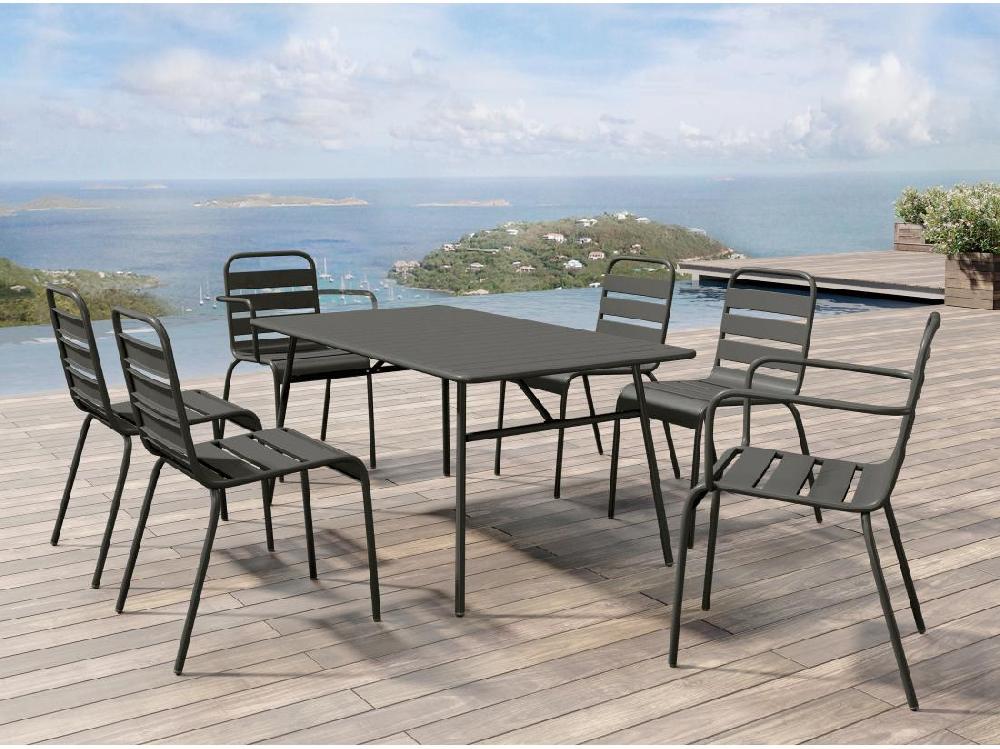 vente unique Salle à manger de jardin en métal - une table L.160 cm avec 2 fauteuils empilables et 4 chaises empilables - Gris anthracite - MIRMANDE de MYLIA