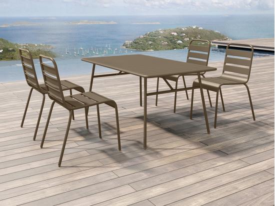 vente unique Salle à manger de jardin en métal - une table L.160 cm et 4 chaises empilables - Taupe - MIRMANDE de MYLIA