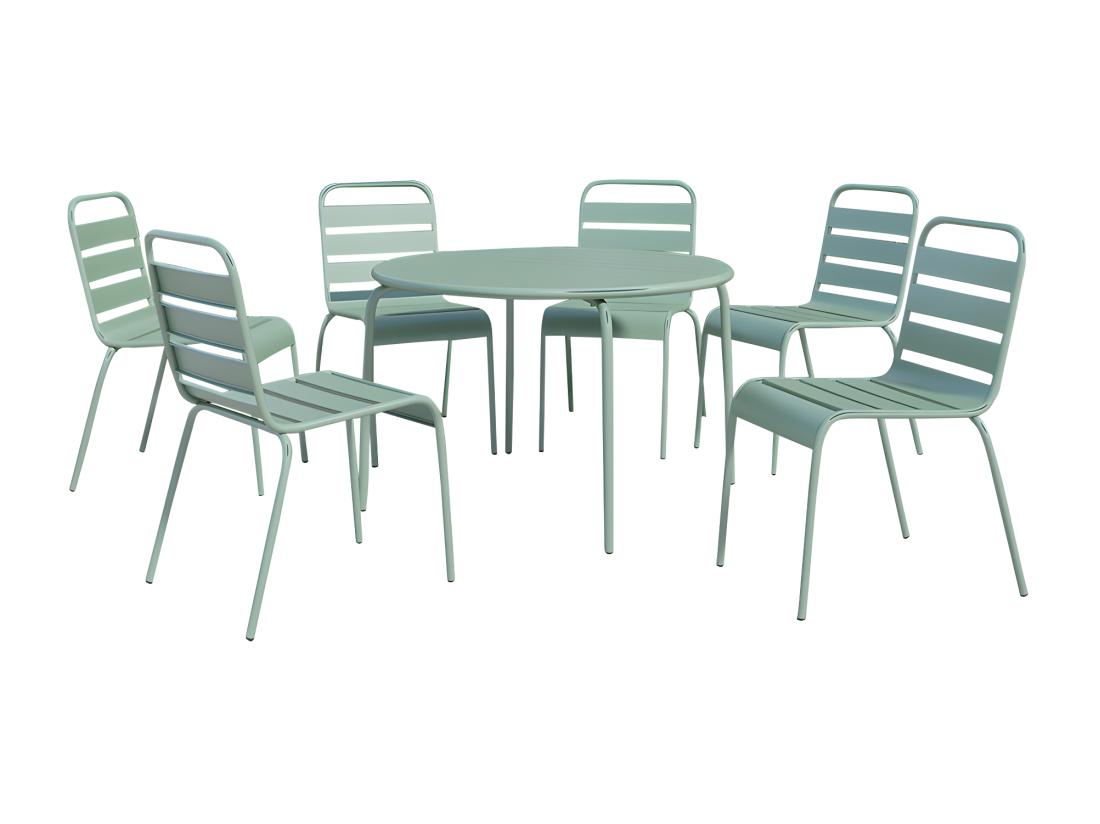 Vente Unique Salle à Manger De Jardin En Métal - Une Table Ronde D.130cm Et 6 Chaises Empilables - Vert Amande - MIRMANDE De MYLIA