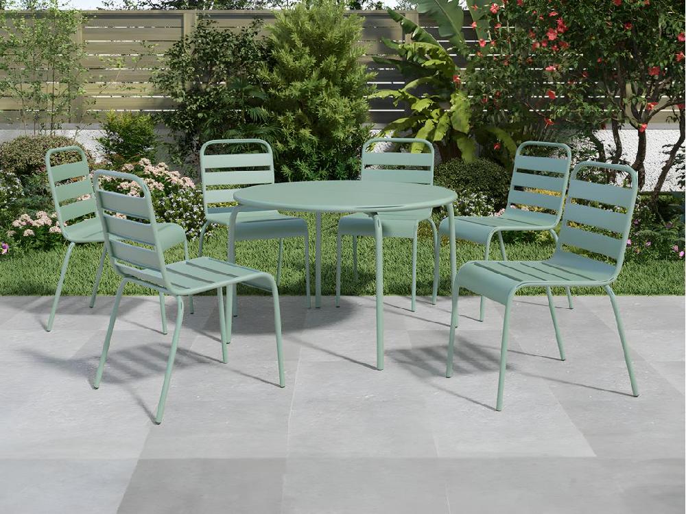 vente unique Salle à manger de jardin en métal - une table ronde D.130cm et 6 chaises empilables - Vert amande - MIRMANDE de MYLIA
