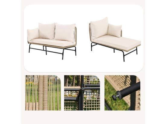 Vente Unique Salon De Jardin 4 Places - Canapé D'angle De Jardin En Acier Et Corde Tressée - Avec Une Table Basse - Beige