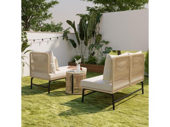 Vente Unique Salon De Jardin 4 Places - Canapé D'angle De Jardin En Acier Et Corde Tressée - Avec Une Table Basse - Beige