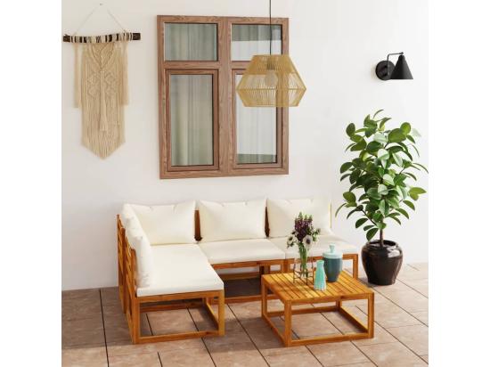 vente unique Salon de jardin 5 pcs avec coussin Crème Bois d'acacia solide