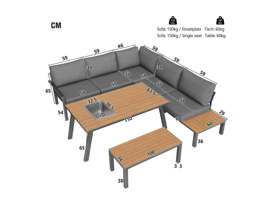 Vente Unique Salon De Jardin 6-7 Personnes: Deux Canapé 2 Places + Canapé D'angle + Tabouret + Table Basse Avec Godet De Glace Amovible