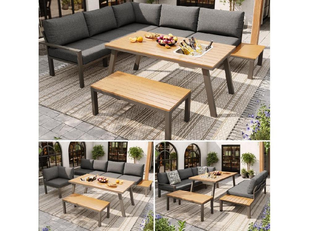 Vente Unique Salon De Jardin 6-7 Personnes: Deux Canapé 2 Places + Canapé D'angle + Tabouret + Table Basse Avec Godet De Glace Amovible