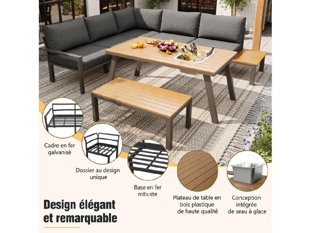 Vente Unique Salon De Jardin 6-7 Personnes: Deux Canapé 2 Places + Canapé D'angle + Tabouret + Table Basse Avec Godet De Glace Amovible