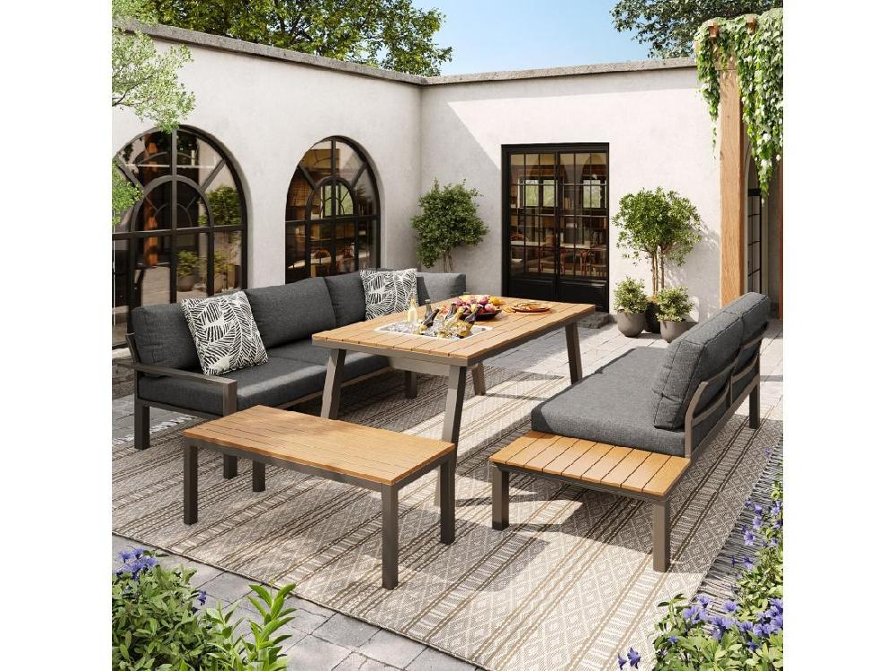 vente unique Salon de jardin 6-7 personnes: deux canapé 2 places + canapé d'angle + tabouret + table basse avec godet de glace amovible