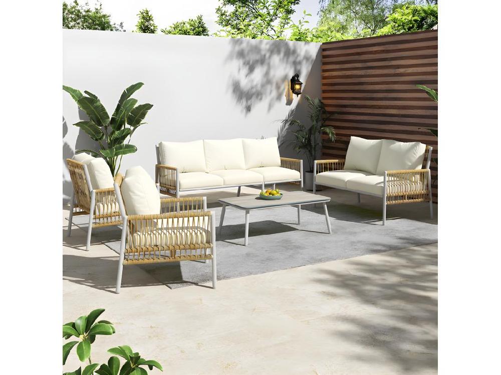 Vente Unique Salon De Jardin 7 Places - 2 Canapés 2 Fauteuils Et 1 Table Basse - Structure En Acier Galvanisé Et Rotin PE - Avec Coussins Amovibles Et Lavables - Beige