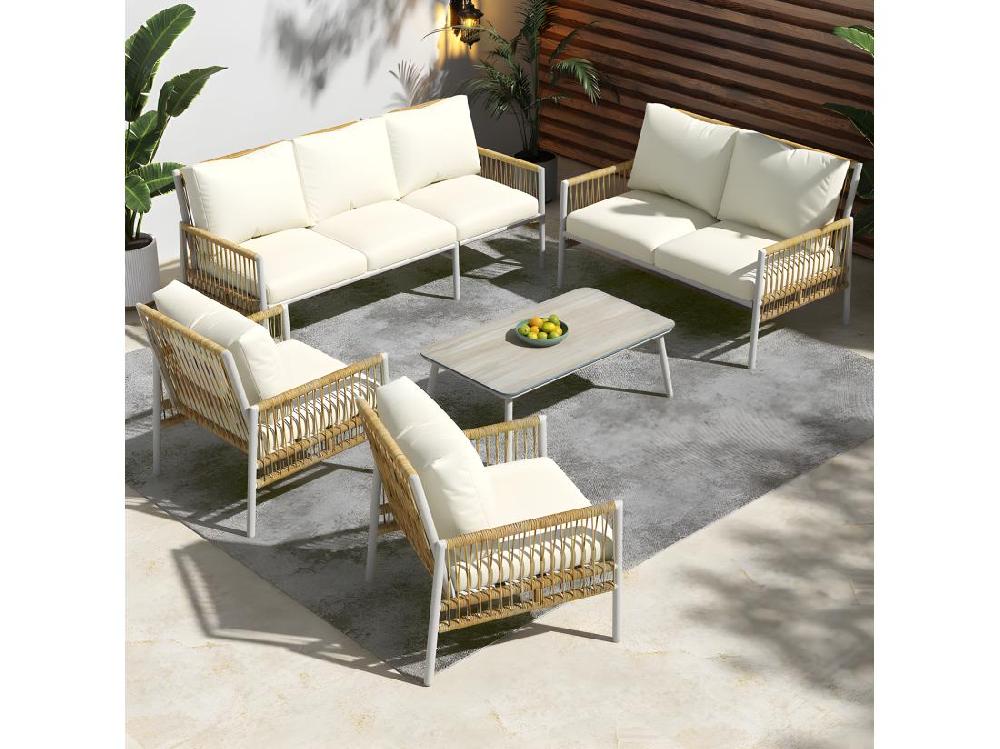 Vente Unique Salon De Jardin 7 Places - 2 Canapés 2 Fauteuils Et 1 Table Basse - Structure En Acier Galvanisé Et Rotin PE - Avec Coussins Amovibles Et Lavables - Beige