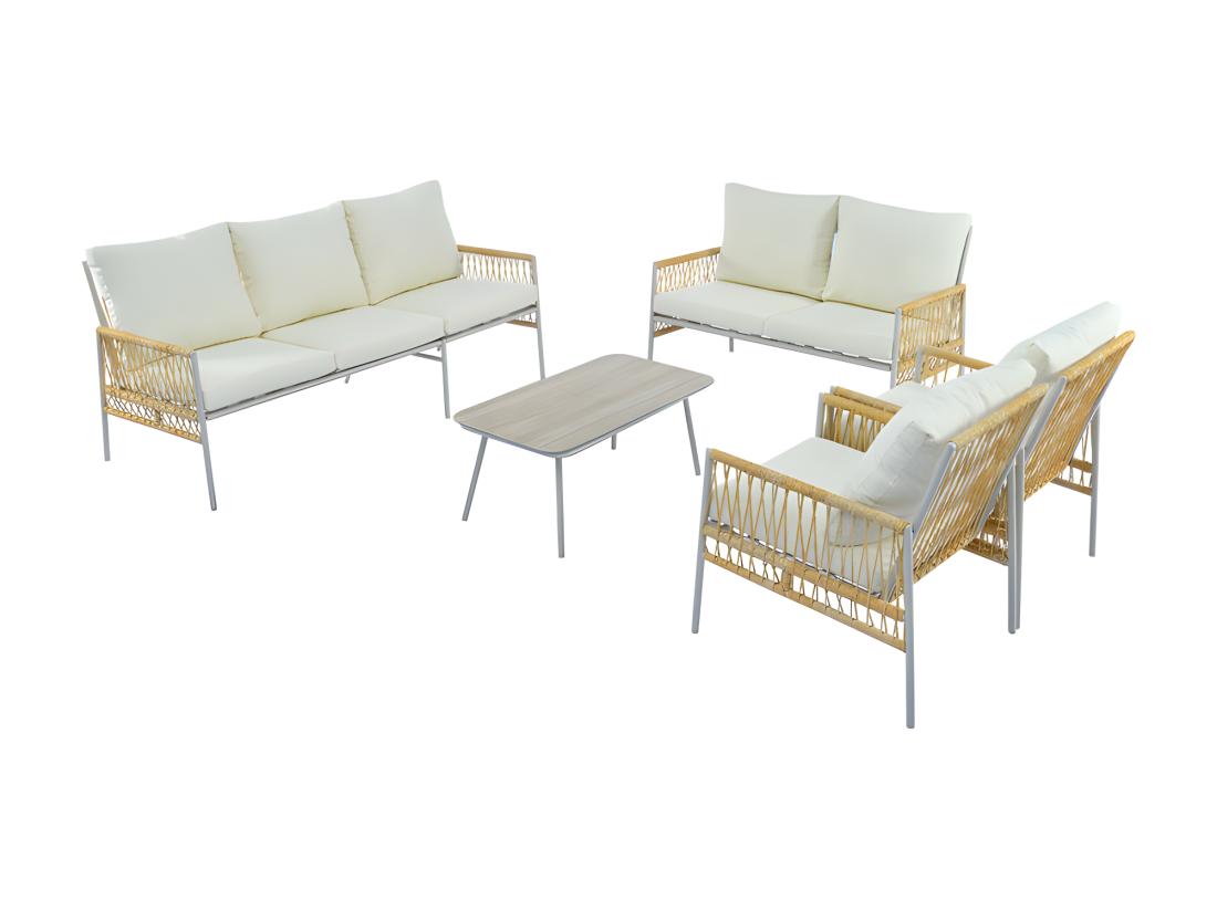 Vente Unique Salon De Jardin 7 Places - 2 Canapés 2 Fauteuils Et 1 Table Basse - Structure En Acier Galvanisé Et Rotin PE - Avec Coussins Amovibles Et Lavables - Beige