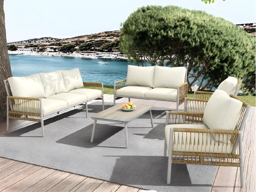 vente unique Salon de jardin 7 places - 2 canapés 2 fauteuils et 1 table basse - structure en Acier galvanisé et Rotin PE - avec coussins amovibles et lavables - Beige