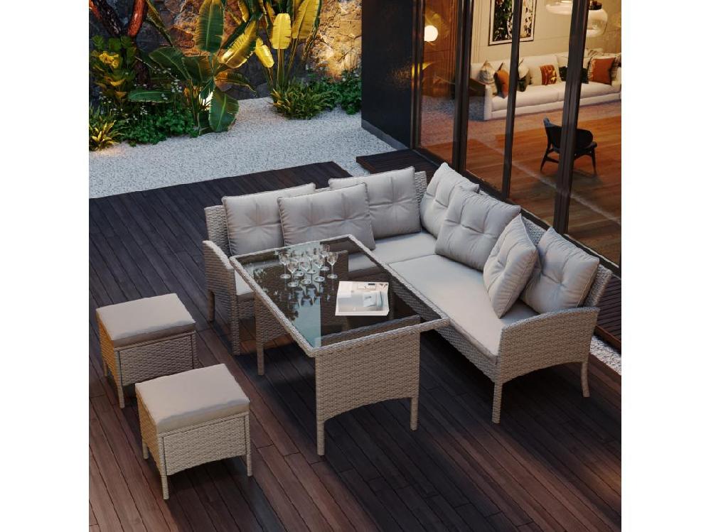 Vente Unique Salon De Jardin 7 Places Avec Canapé Table Basse 2 Tabourets Et Oreiller Structure En Acier Kaki