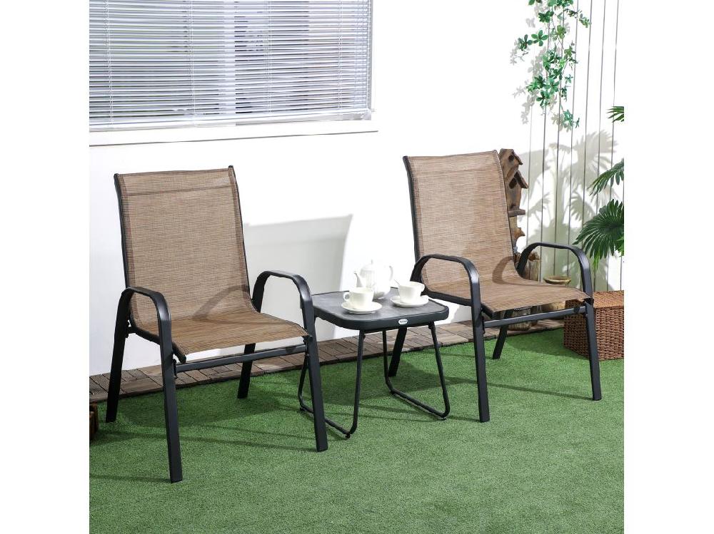 vente unique Salon de jardin bistro 2 personnes 3 pièces - plateau effet béton ciré acier époxy textilène marron