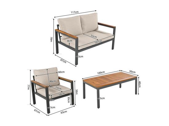 Vente Unique Salon De Jardin En Acier Galvanisé - 1 Canapé 、2 Fauteuils Et 1 Table Basse - Décoré De Bois D'Acacia - Beige