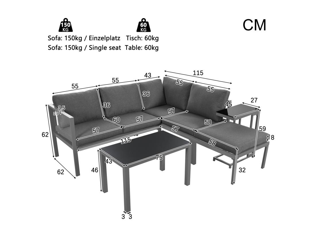 Vente Unique Salon De Jardin En Aluminium - 2 Canapés 1 Tabouret Et 2 Tables Basses - Avec Tous Les Coussins - Gris