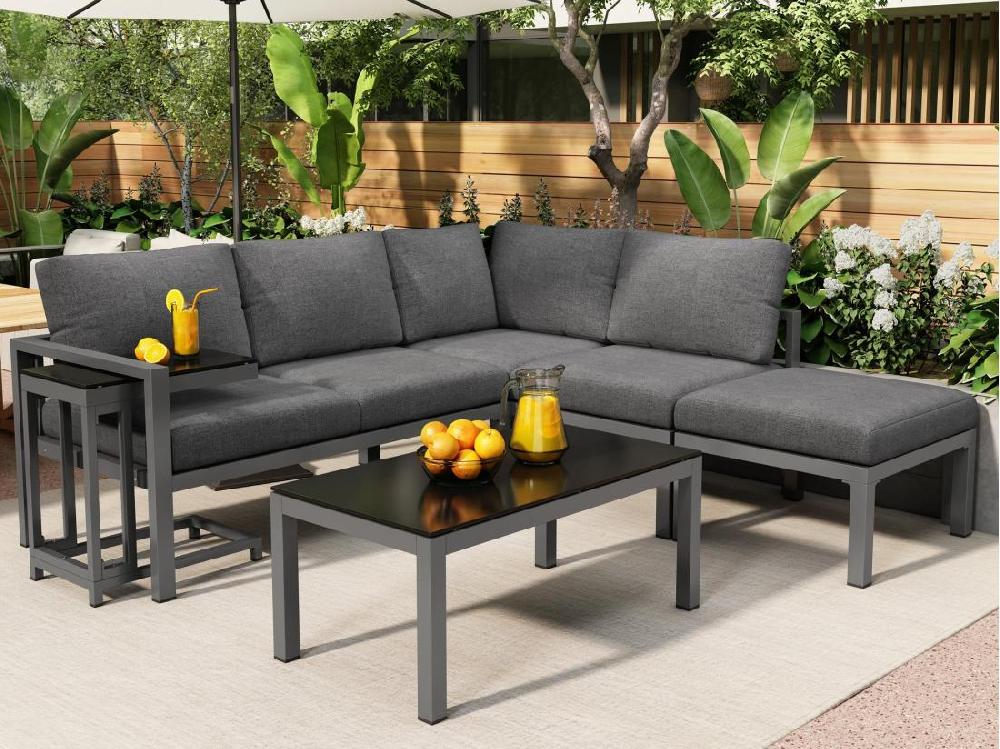 vente unique Salon de jardin en Aluminium - 2 canapés 1 tabouret et 2 tables basses - avec tous les coussins - Gris