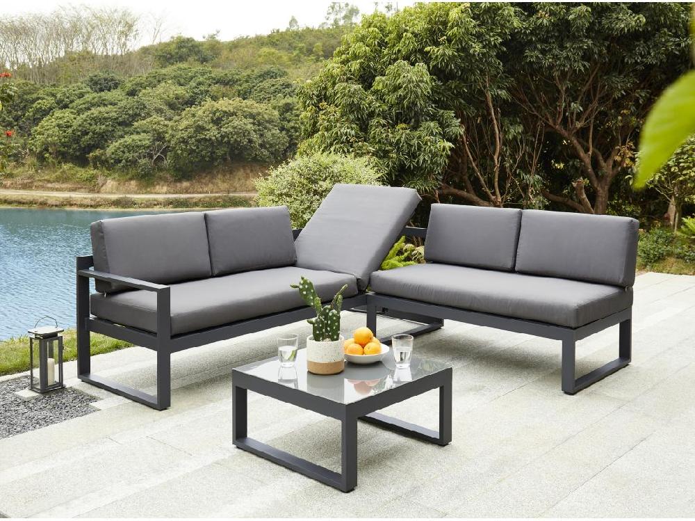 Vente Unique Salon De Jardin En Aluminium : Table Basse Et Canapé D'angle Relevable 6 Places - Anthracite - PALAOS II De MYLIA