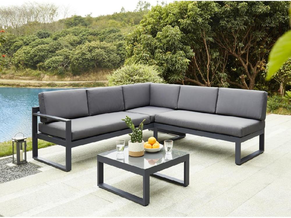 vente unique Salon de jardin en aluminium : Table basse et canapé d'angle relevable 6 places - Anthracite - PALAOS II de MYLIA